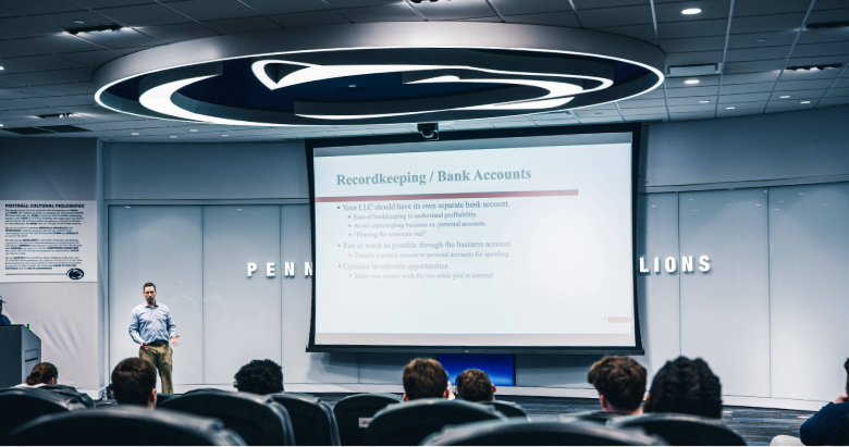 Eric Seidman, CPA, MBA, partner at Wouch Maloney CPAs and Business Advisors speaks to Penn State University athletes on NIL and the importance of understanding risks, opportunities, and planning for their financial future. March 3, 2026.