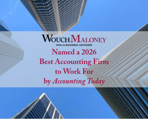 Picture of buildings and sky with text reading Wouch Maloney CPAs & Business Advisors was recently named as one of the 2026 Accounting Today’s Best Accounting Firms to Work for.